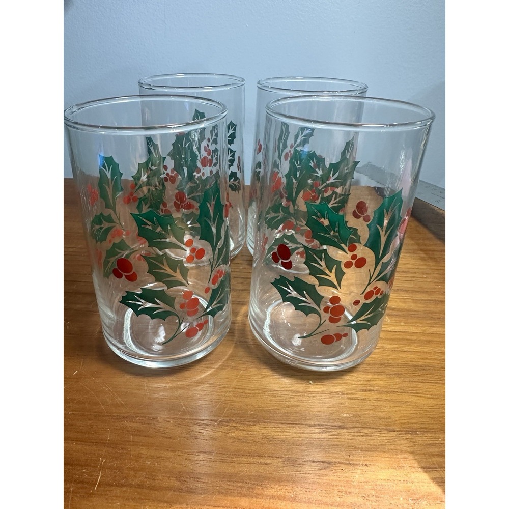 Lot‎ of 6 VTG MCM Christmas Holly Berry Drinking Glass Tumblers 5" HIGHBALL